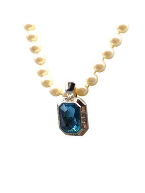 Vintage Avon Pearls with Blue Crystal Enhancer Pendant, Classy Necklace